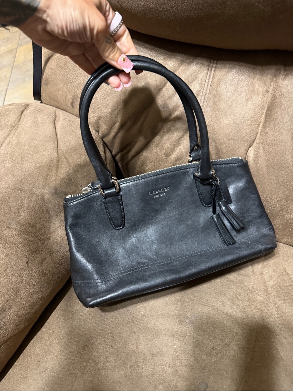 Coach Black Leather Double-Handle mini Satchel with Tassels